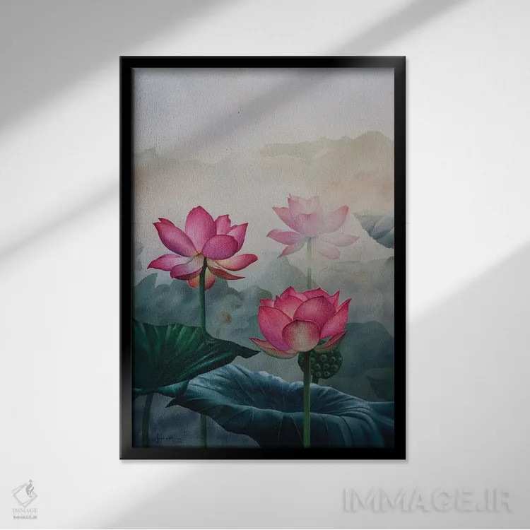 تابلو دکوراتیو گل های صورتی اثر لیام کوموات - نمای قابدار مشکی