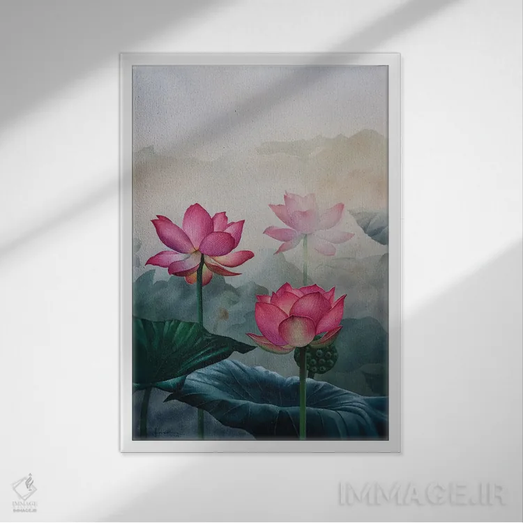 تابلو دکوراتیو گل های صورتی اثر لیام کوموات - نمای قابدار سفید