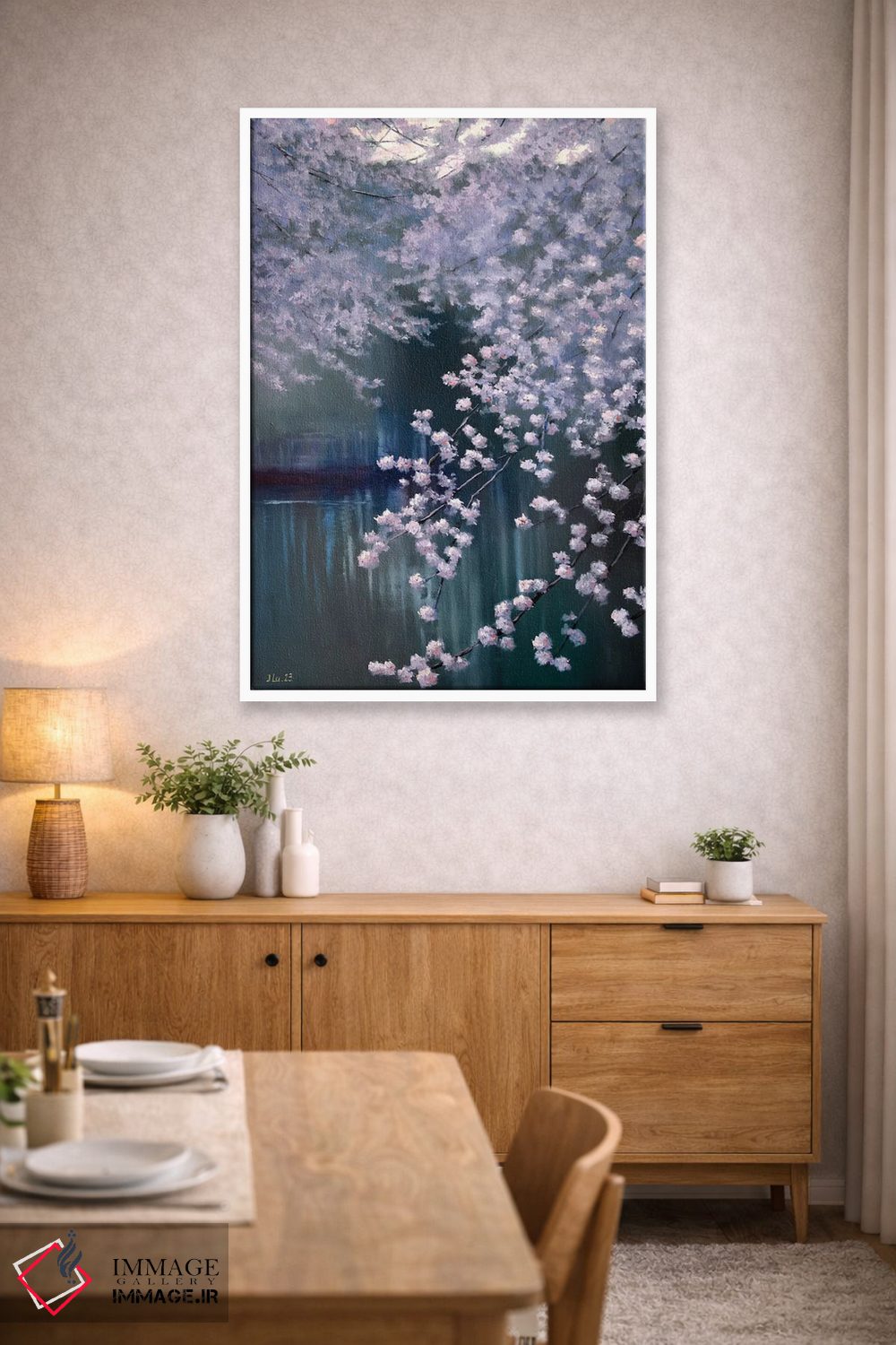 تابلو دکوراتیو باغ شکوفه دار کنار برکه اثر النا لوکینا - D6W