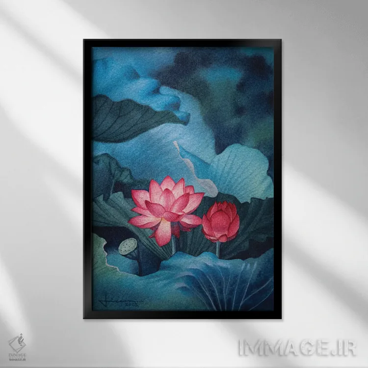 تابلو دکوراتیو گل های صورتی II اثر لیام کوموات - نمای قابدار مشکی