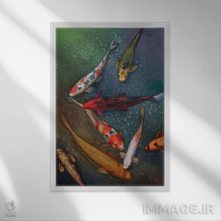 تابلو دکوراتیو ماهی کوی III اثر لیام کوموات - نمای قابدار سفید