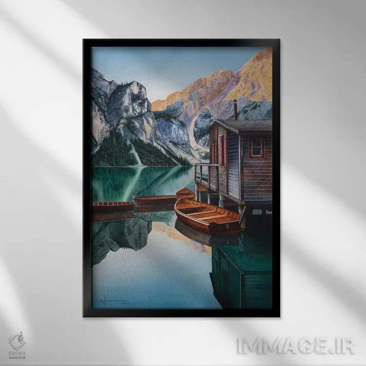 تابلو دکوراتیو دریاچه آرام اثر لیام کوموات - نمای قابدار مشکی