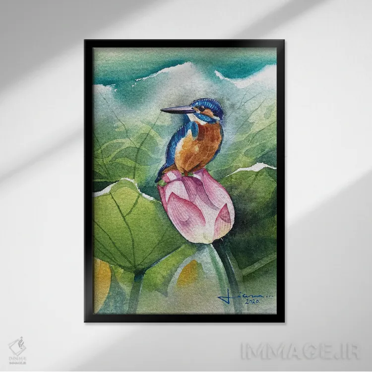 تابلو دکوراتیو مرغ ماهی خوار اثر لیام کوموات - نمای قابدار مشکی