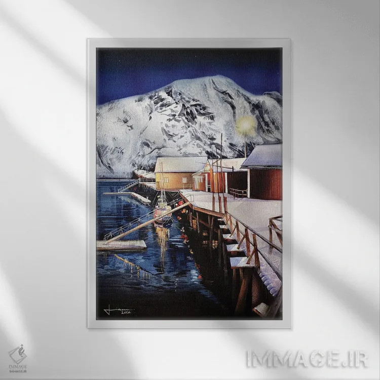 تابلو دکوراتیو بندرگاه اثر لیام کوموات - نمای قابدار سفید