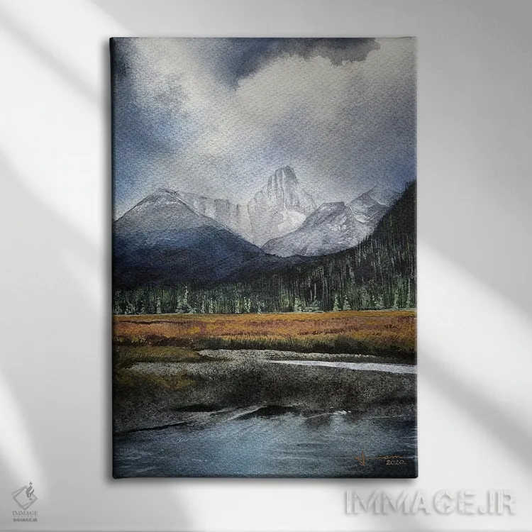 تابلو دکوراتیو دریاچه کوهستانی اثر لیام کوموات - نمای روبهرو روی دیوار