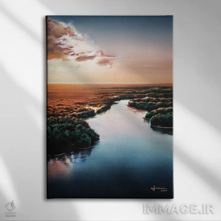 تابلو دکوراتیو غروب خورشید اثر لیام کوموات - نمای روبهرو روی دیوار