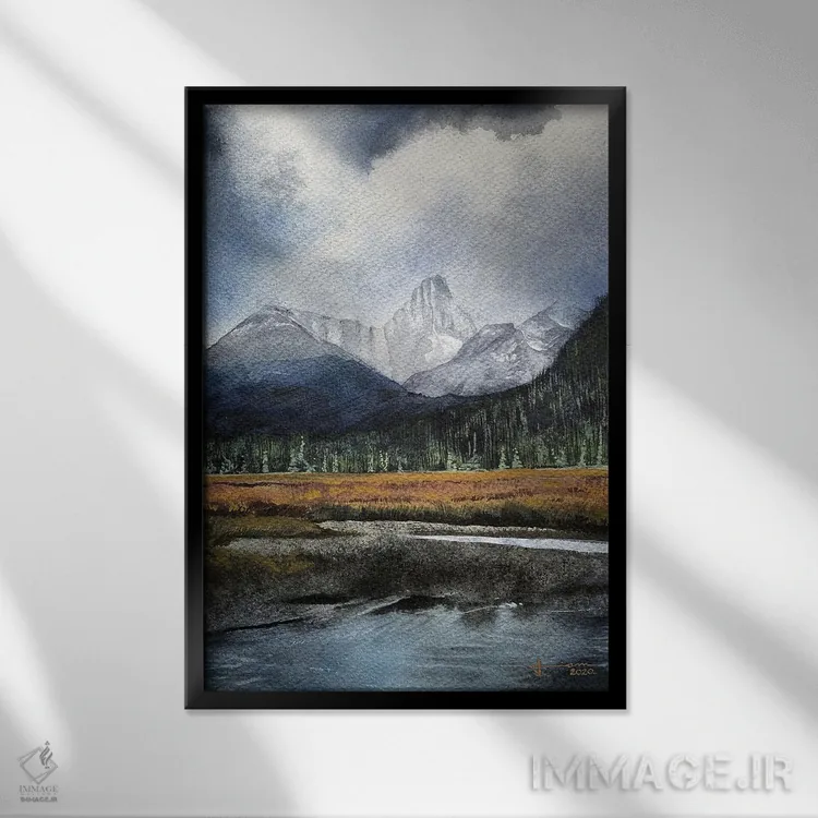 تابلو دکوراتیو دریاچه کوهستانی اثر لیام کوموات - نمای قابدار مشکی