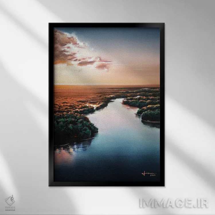 تابلو دکوراتیو غروب خورشید اثر لیام کوموات - نمای قابدار مشکی