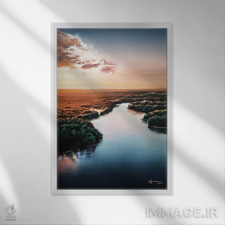 تابلو دکوراتیو غروب خورشید اثر لیام کوموات - نمای قابدار سفید