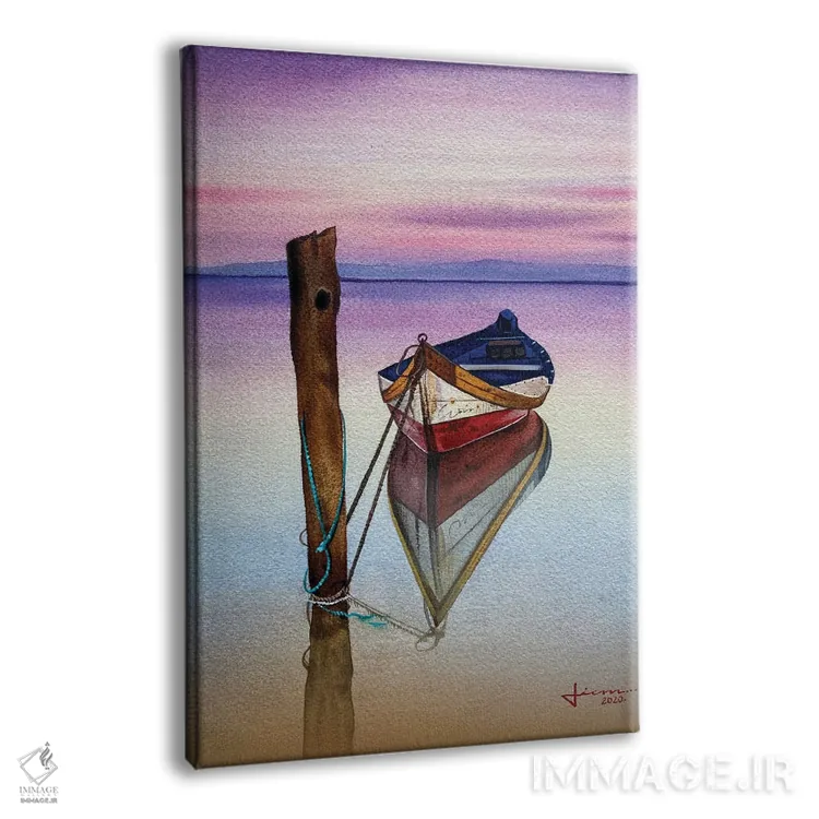 تابلو دکوراتیو قایق قرمز در غروب اثر لیام کوموات - نمای پرسپکتیو محصول