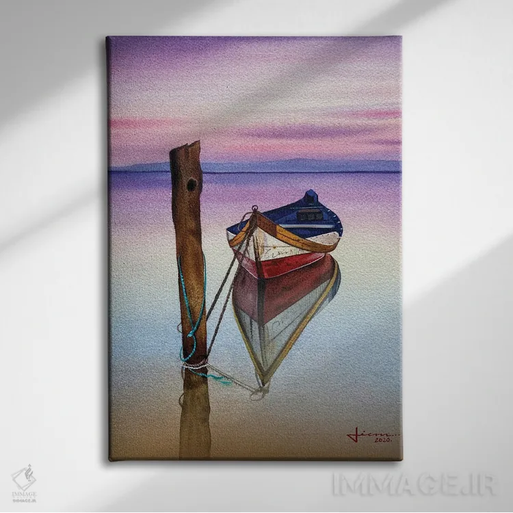 تابلو دکوراتیو قایق قرمز در غروب اثر لیام کوموات - نمای روبهرو روی دیوار