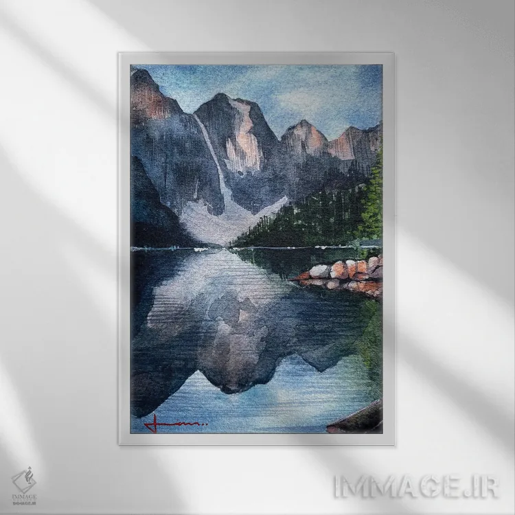 تابلو دکوراتیو بازتاب کوه اثر لیام کوموات - نمای قابدار سفید