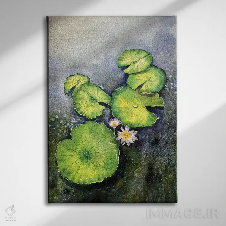 تابلو دکوراتیو برگ نیلوفر و گل ها اثر لیام کوموات - نمای روبهرو روی دیوار