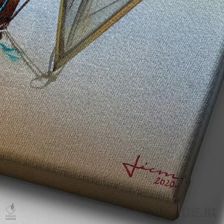 تابلو دکوراتیو قایق قرمز در غروب اثر لیام کوموات - نمای نزدیک بافت بوم