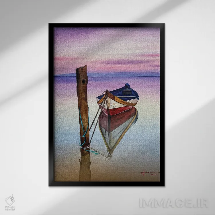 تابلو دکوراتیو قایق قرمز در غروب اثر لیام کوموات - نمای قابدار مشکی