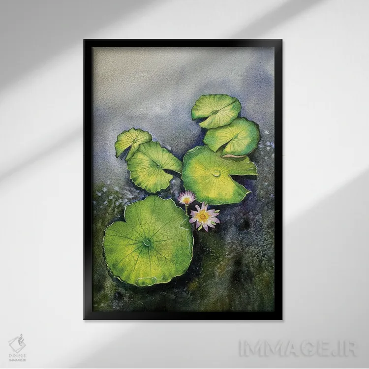 تابلو دکوراتیو برگ نیلوفر و گل ها اثر لیام کوموات - نمای قابدار مشکی