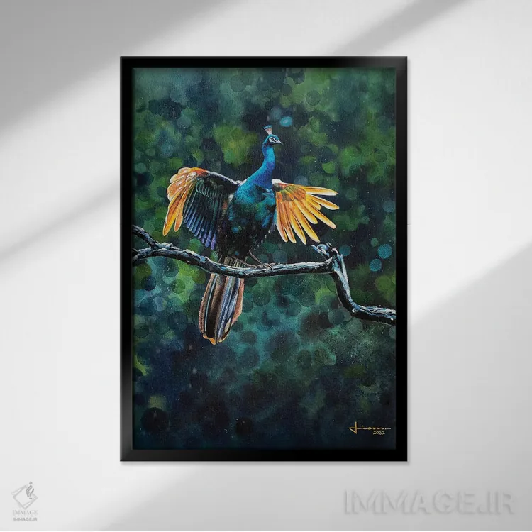 تابلو دکوراتیو پرواز طاووس اثر لیام کوموات - نمای قابدار مشکی