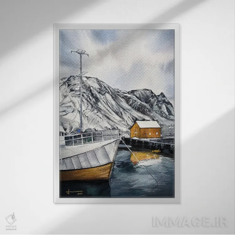 تابلو دکوراتیو بندر اثر لیام کوموات - نمای قابدار سفید