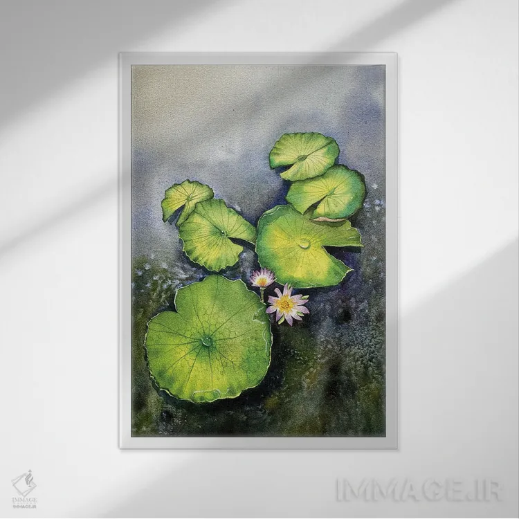 تابلو دکوراتیو برگ نیلوفر و گل ها اثر لیام کوموات - نمای قابدار سفید