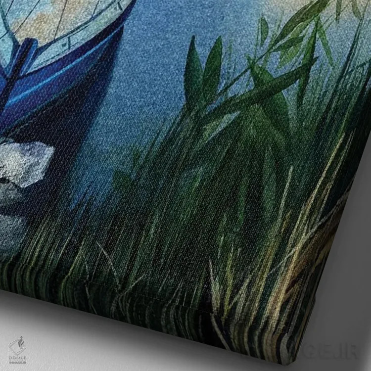 تابلو دکوراتیو قایق در مه آبی اثر لیام کوموات - نمای نزدیک بافت بوم