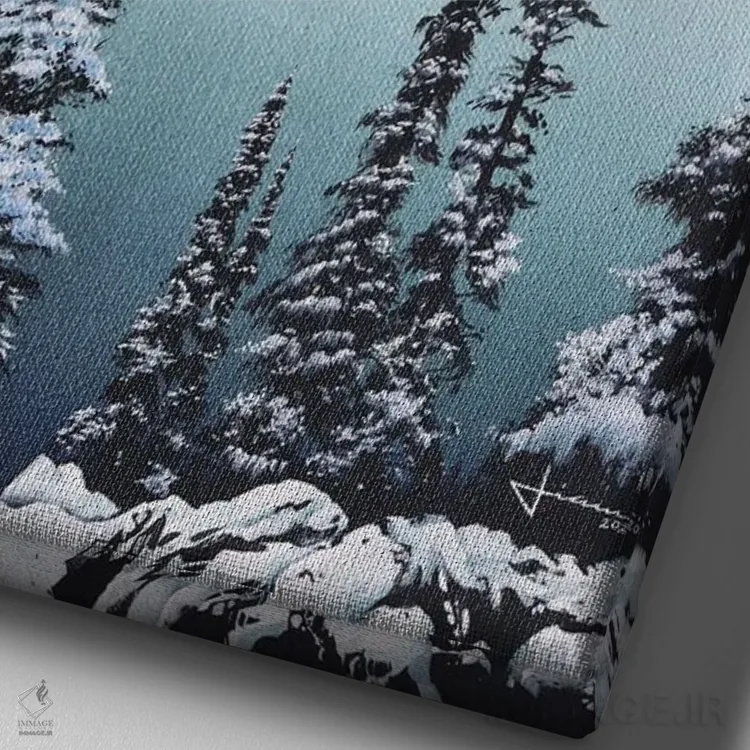 تابلو دکوراتیو دریاچه زمستانی اثر لیام کوموات - نمای نزدیک بافت بوم