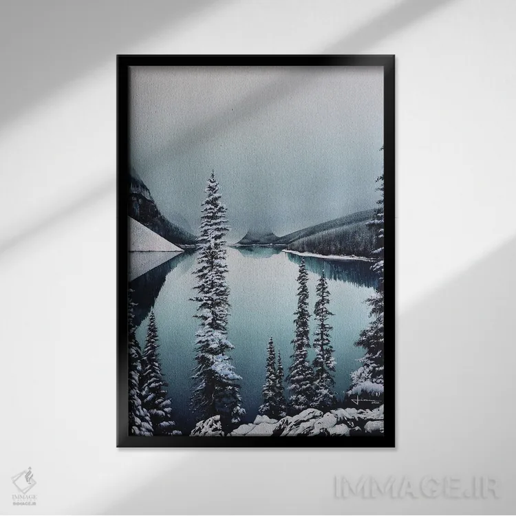 تابلو دکوراتیو دریاچه زمستانی اثر لیام کوموات - نمای قابدار مشکی