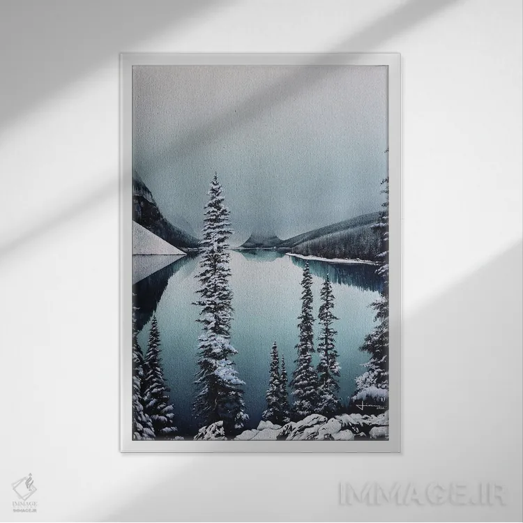 تابلو دکوراتیو دریاچه زمستانی اثر لیام کوموات - نمای قابدار سفید