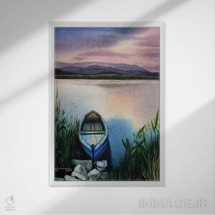 تابلو دکوراتیو قایق در مه آبی اثر لیام کوموات - نمای قابدار سفید