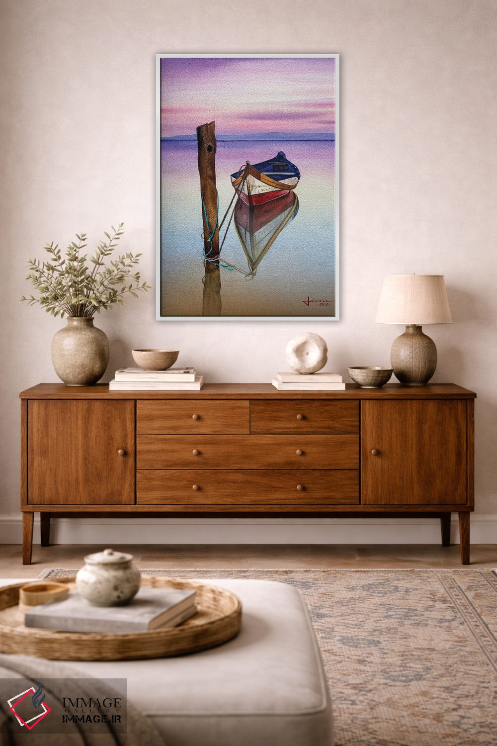 تابلو دکوراتیو قایق قرمز در غروب اثر لیام کوموات - D2W