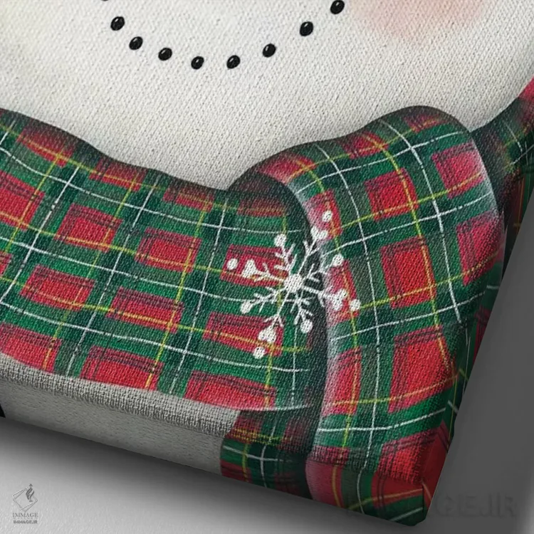 تابلو دکوراتیو آدم برفی با برگ خاس و شطرنجی قرمز اثر لیزا کندی - نمای نزدیک بافت بوم