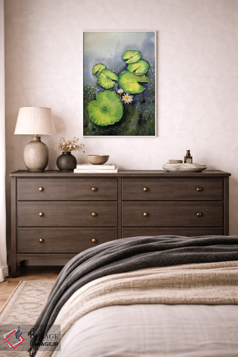 تابلو دکوراتیو برگ نیلوفر و گل ها اثر لیام کوموات - D3W