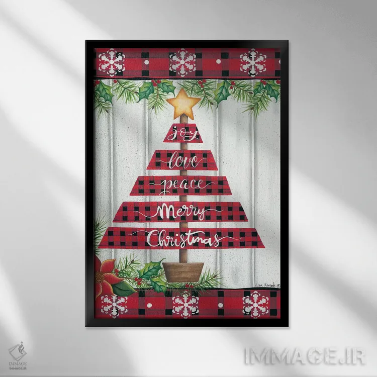 تابلو دکوراتیو درخت با شطرنجی بوفالو قرمز اثر لیزا کندی - نمای قابدار مشکی