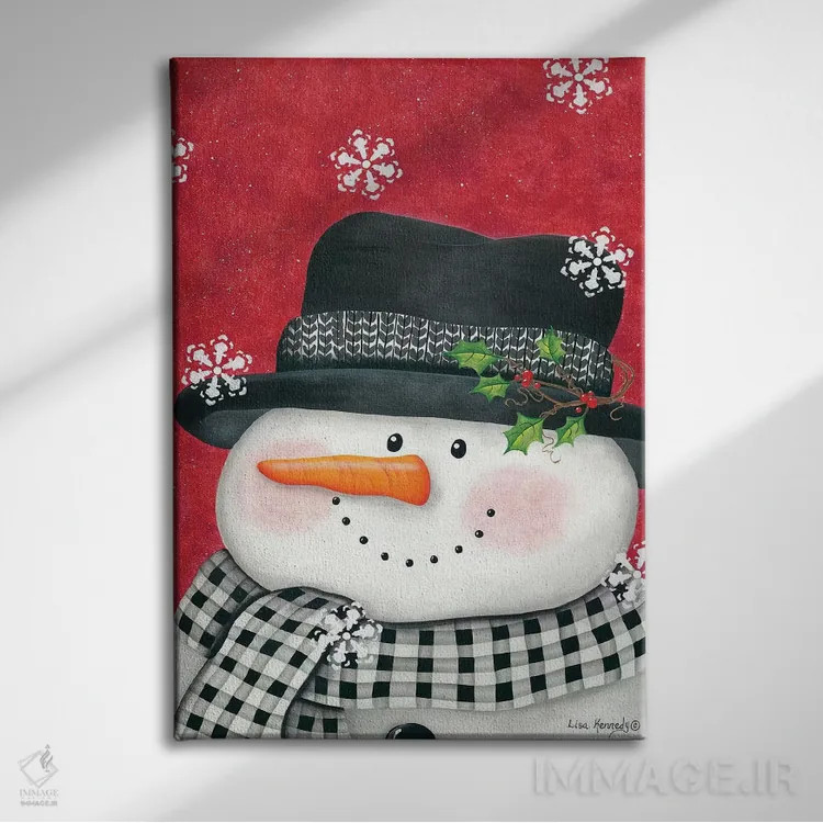 تابلو دکوراتیو آدم برفی با برگ خاس و شطرنجی مشکی اثر لیزا کندی - نمای روبهرو روی دیوار