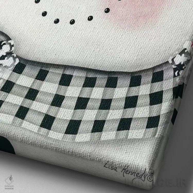 تابلو دکوراتیو آدم برفی با برگ خاس و شطرنجی مشکی اثر لیزا کندی - نمای نزدیک بافت بوم