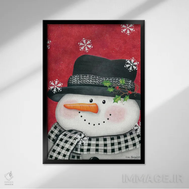 تابلو دکوراتیو آدم برفی با برگ خاس و شطرنجی مشکی اثر لیزا کندی - نمای قابدار مشکی