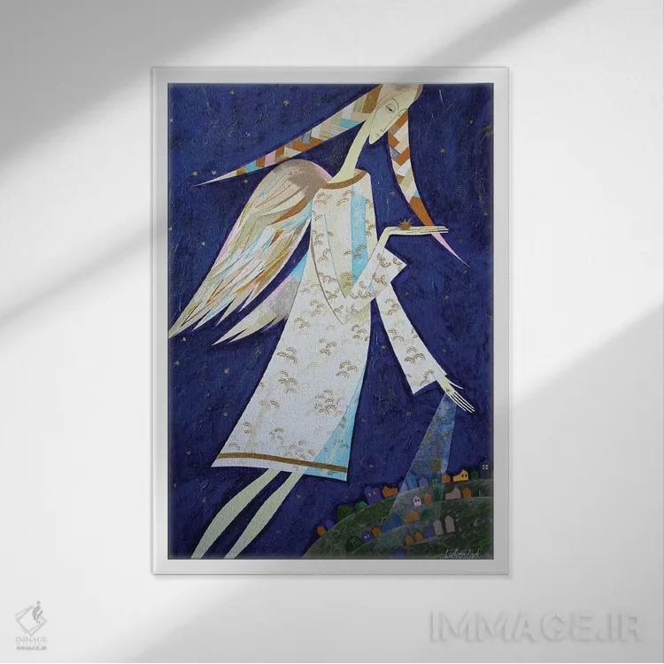 تابلو دکوراتیو فرشتگان برای ما اثر نلی لوکاشیک - نمای قابدار سفید