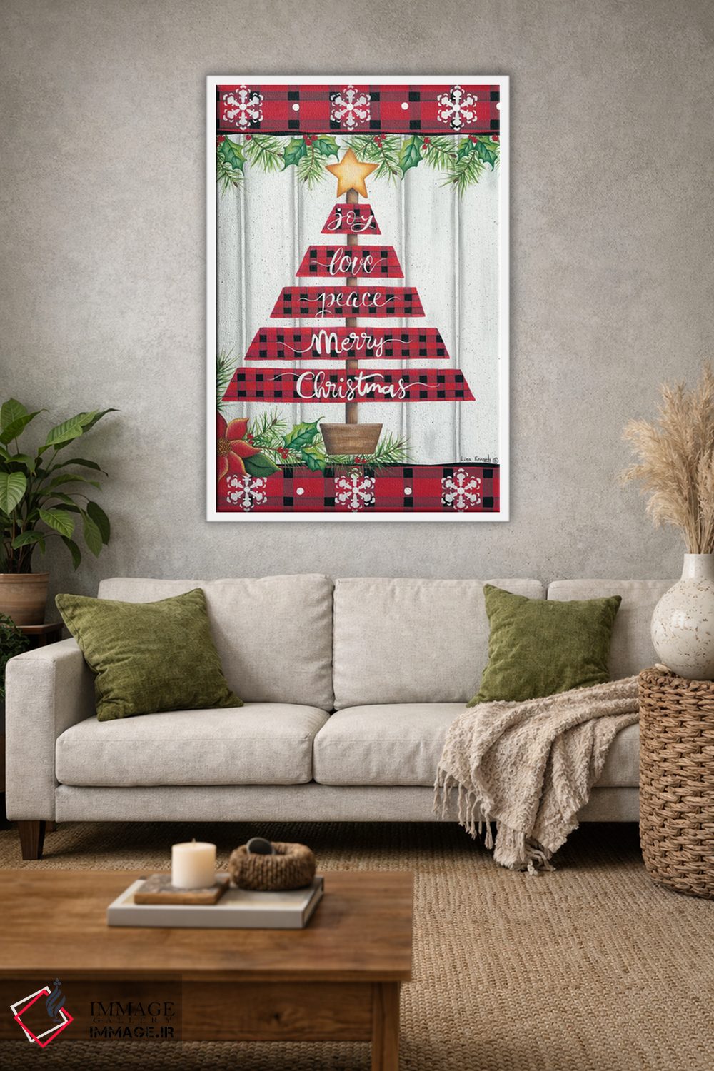 تابلو دکوراتیو درخت با شطرنجی بوفالو قرمز اثر لیزا کندی - D1W