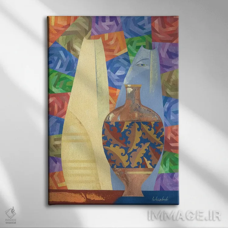 تابلو انتزاعی چینی و گربه های آبی اثر نلی لوکاشیک - نمای روبهرو روی دیوار