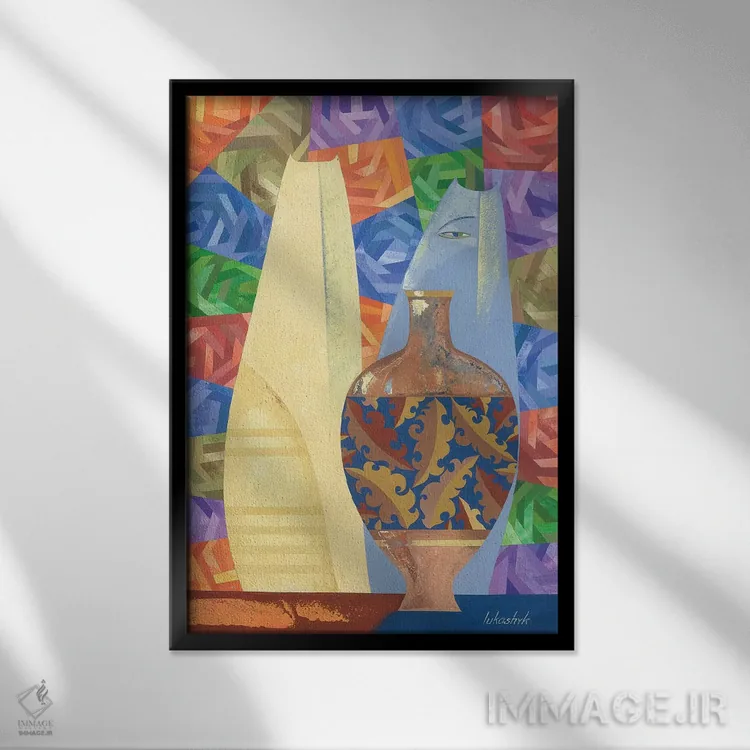 تابلو انتزاعی چینی و گربه های آبی اثر نلی لوکاشیک - نمای قابدار مشکی