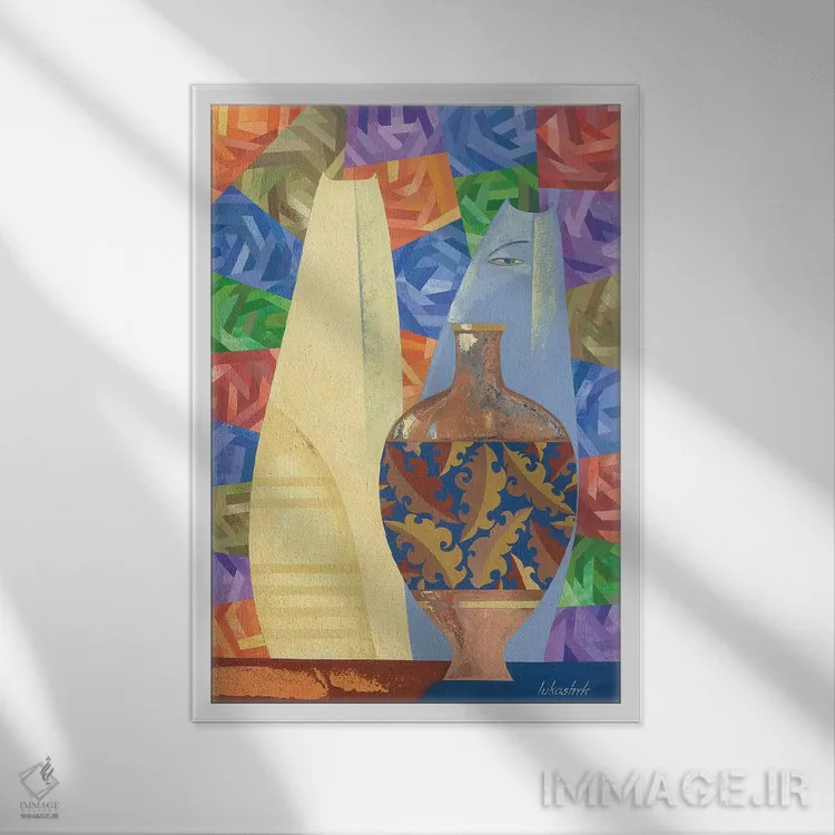 تابلو انتزاعی چینی و گربه های آبی اثر نلی لوکاشیک - نمای قابدار سفید