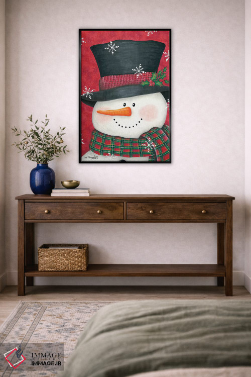 تابلو دکوراتیو آدم برفی با برگ خاس و شطرنجی قرمز اثر لیزا کندی - D4B