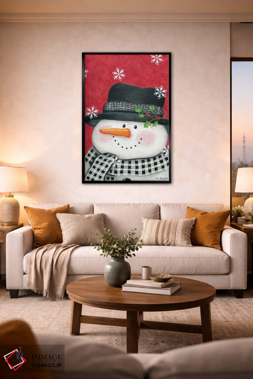 تابلو دکوراتیو آدم برفی با برگ خاس و شطرنجی مشکی اثر لیزا کندی - D2B