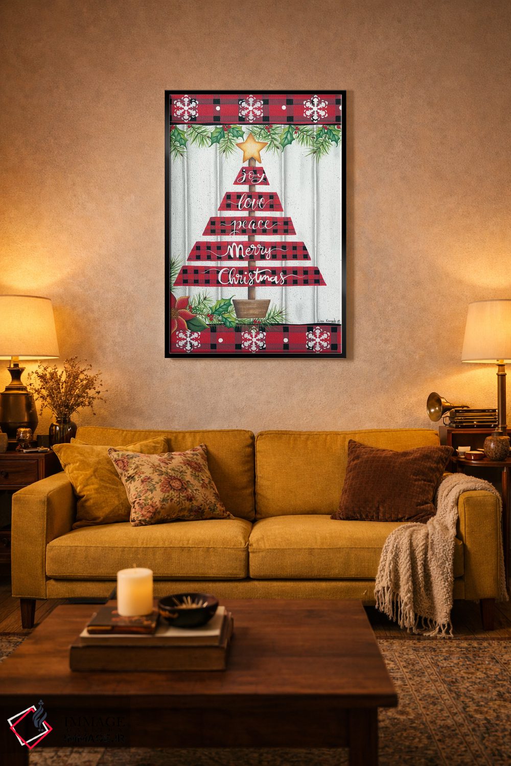 تابلو دکوراتیو درخت با شطرنجی بوفالو قرمز اثر لیزا کندی - D5B