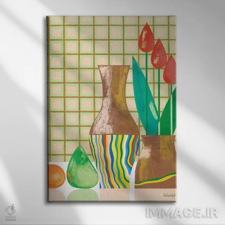 تابلو انتزاعی طبیعت بی جان با نارنگی اثر نلی لوکاشیک - نمای روبهرو روی دیوار