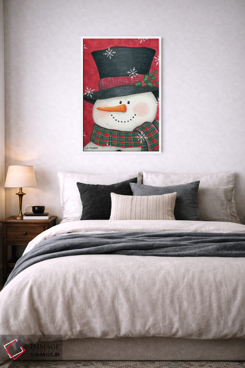 تابلو دکوراتیو آدم برفی با برگ خاس و شطرنجی قرمز اثر لیزا کندی - D6W