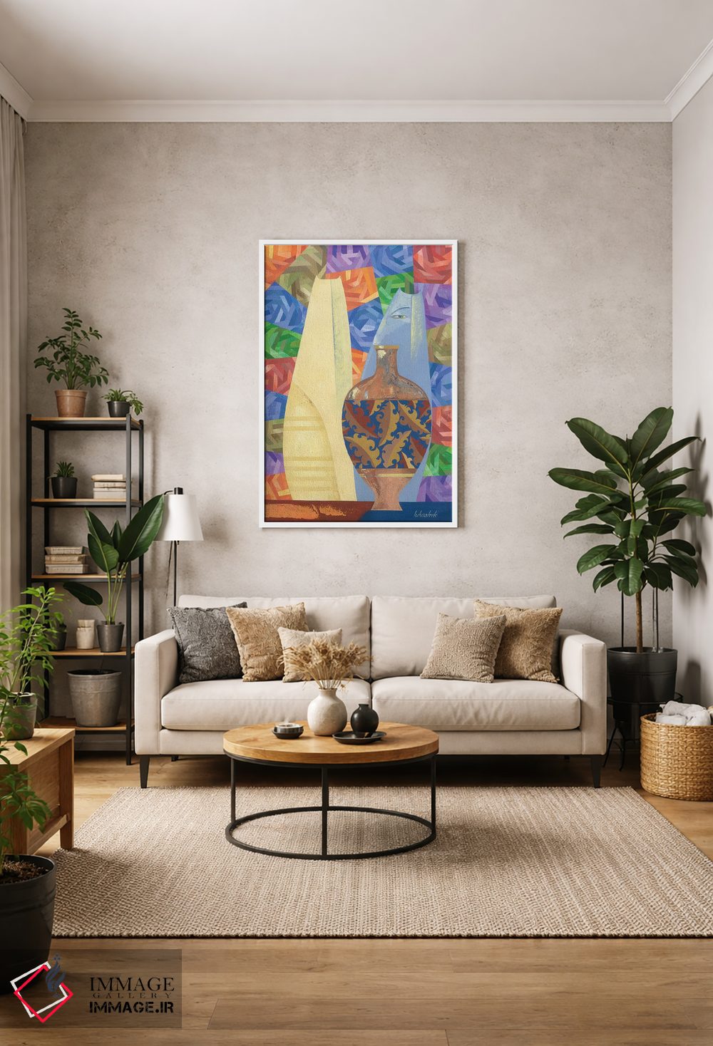 تابلو انتزاعی چینی و گربه های آبی اثر نلی لوکاشیک - D1W