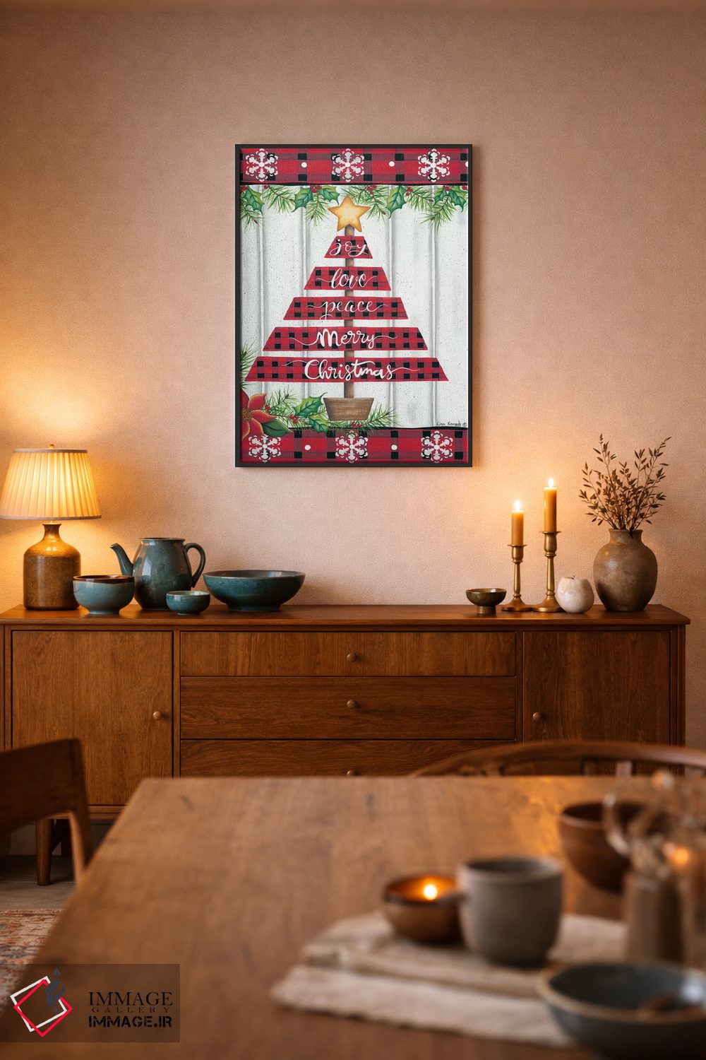تابلو دکوراتیو درخت با شطرنجی بوفالو قرمز اثر لیزا کندی - D6B
