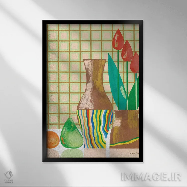 تابلو انتزاعی طبیعت بی جان با نارنگی اثر نلی لوکاشیک - نمای قابدار مشکی