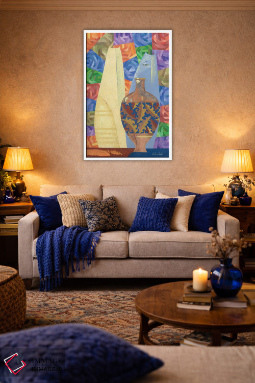 تابلو انتزاعی چینی و گربه های آبی اثر نلی لوکاشیک - D2W