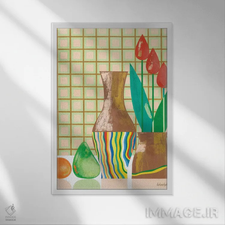 تابلو انتزاعی طبیعت بی جان با نارنگی اثر نلی لوکاشیک - نمای قابدار سفید